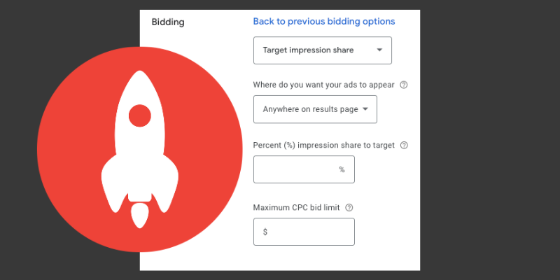 screenshot of Google Ads bidding section with Target Impression Share selected